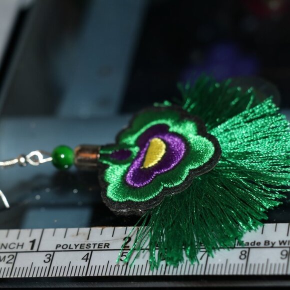 JewelNaush Embroidered Floral Earrings with Fan Fringe - Picture 2 of 3
